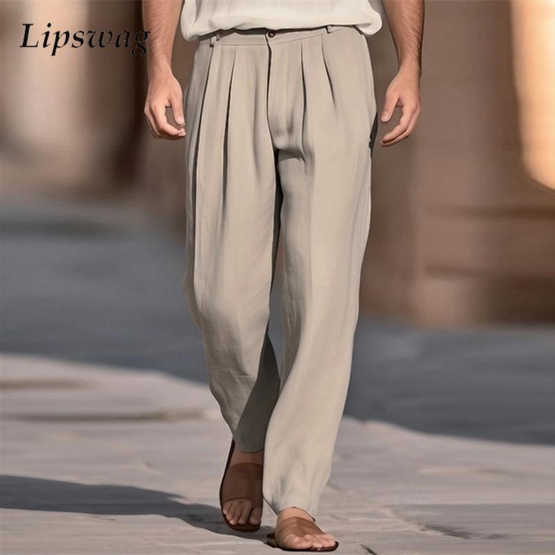 Men'S Fashion Linen Pants - Повседневные дышащие однотонные льняные брюки, мужские