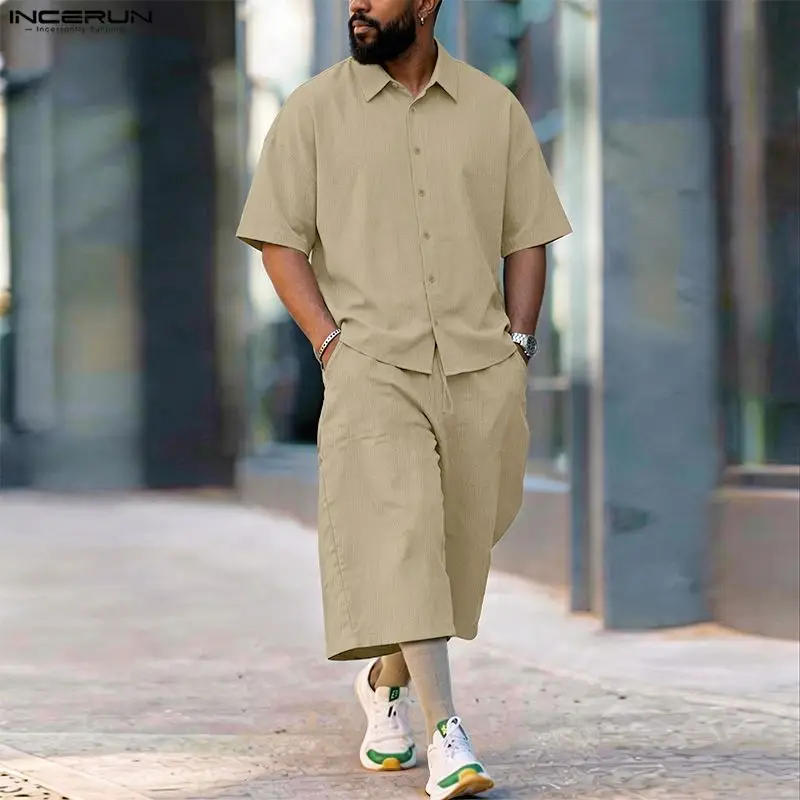 Men'S Fashion Loose Pants - Мужской комплект INCERUN: однотонная рубашка с