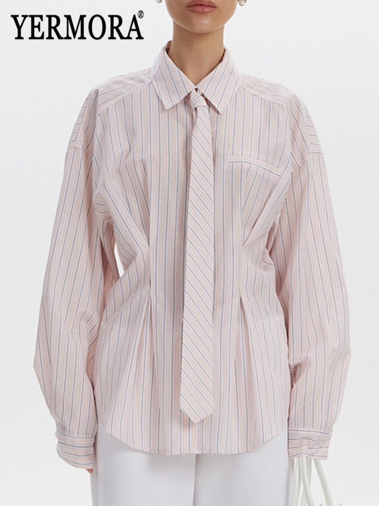 Men'S Fashion Pink Shirt - YERMORA Розовая полосатая блузка с воротником-стойкой